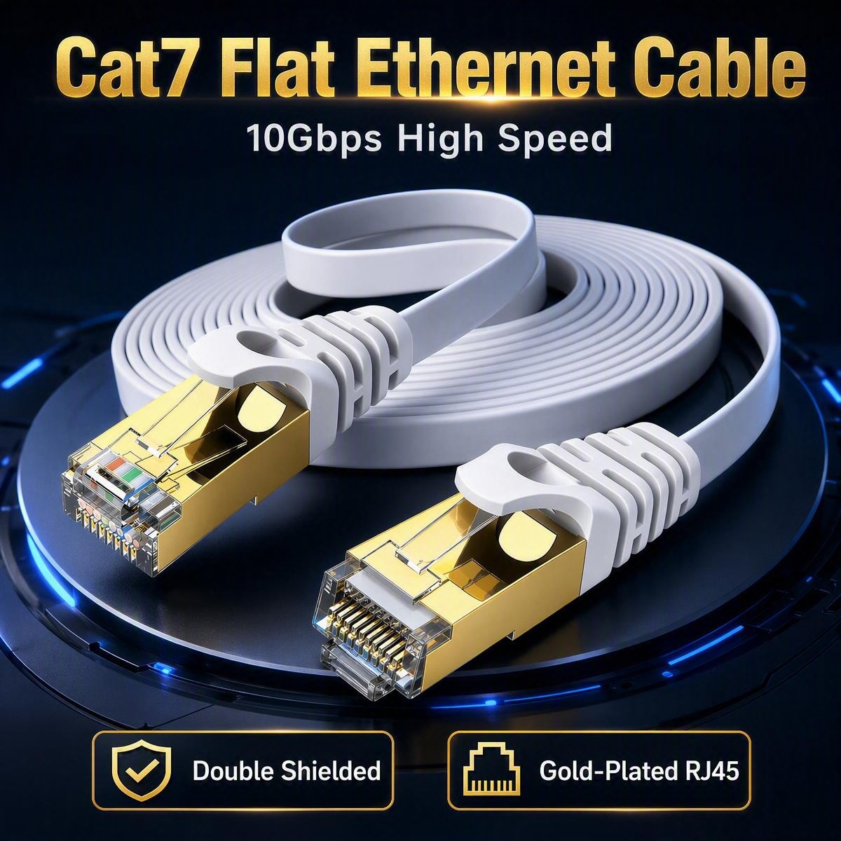 Lan Cable Gaming - สายเคเบิลอีเธอร์เน็ต Cat7 แบบแบน 10Gbps ป้องกันสองชั้น สีขาว